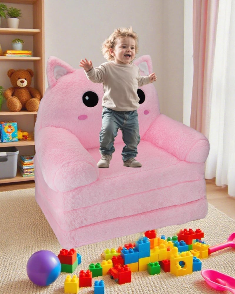 Singda Toddler Chair Toddler Couch: 2-in-1 Kids Chairs Comfy Kids Sofa Fold Out for Girls and Boys 1-3 Years Old, Pink Cat - Image 4